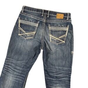 BKE Tyler Bootcut Jeans Dark Wash Y2K Embroidered Pockets Mens 34x30